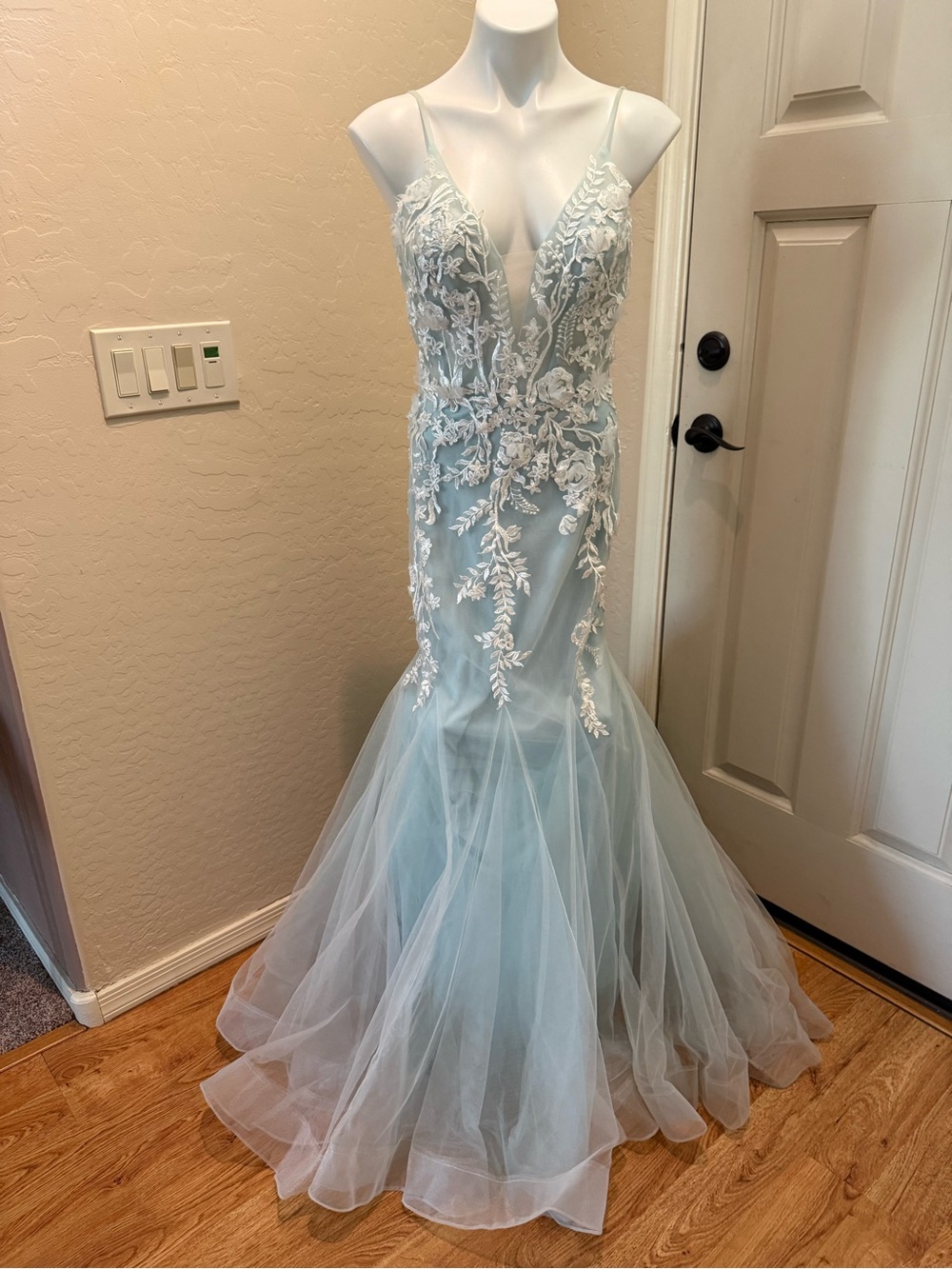 Camille La Vie Light Blue & White Lace Mermaid Maxi Dress